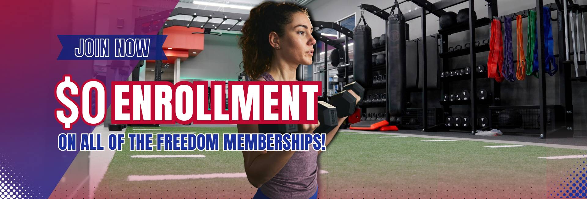 $0 enrollment special graphic for discounted memberships at freedom fitness gym in corpus christi