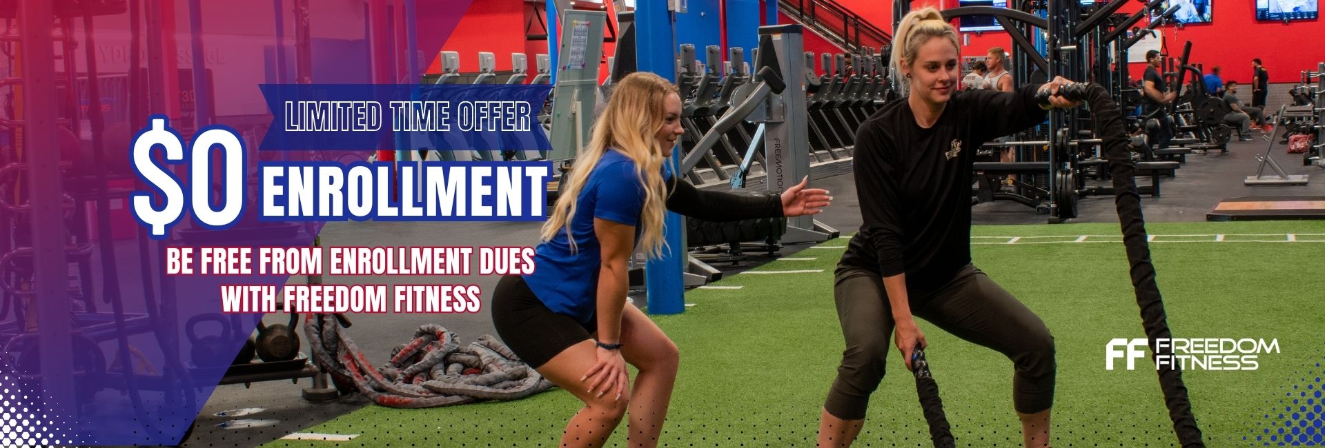 Corpus Christi certified private trainer helping a gym member with a battle ropes exercise at a Freedom Fitness gym near me in SPID with a $0 Enrollment Membership sale
