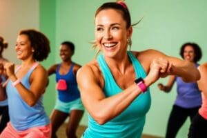 woman in green tank top having fun in a group fitness class